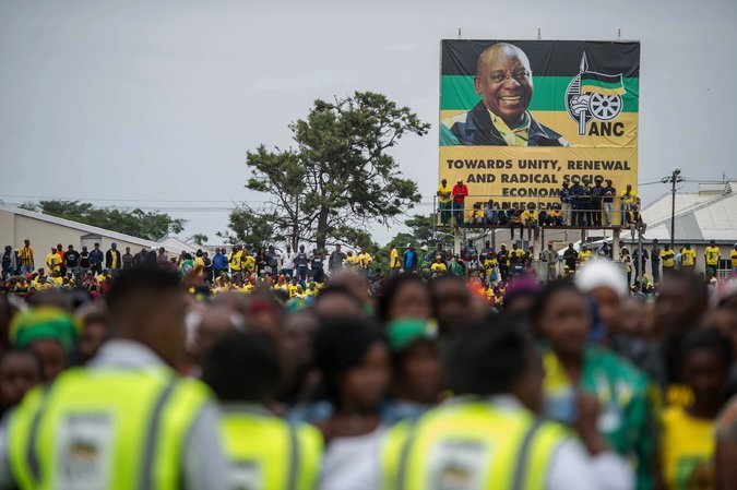 A banner bearing a portrait of Cyril Ramaphosa, the A.N.C. leader, at the party’s anniversary celebration last month. Credit Mujahid Safodien
