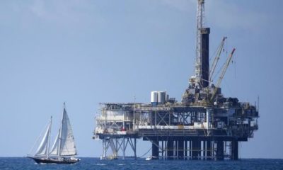 Offshore oil platform is seen in Huntington Beach