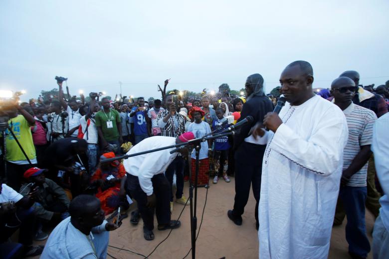 The United Democratic Party (UDP), opposition alliance presidential candidate Adama Barrow speaks during a rally in Buffer zone, Gambia