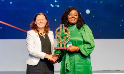 Global Director, Trade and Supply Chain Finance, International Finance Corporation, Nathalie Louat and Chief Executive Officer, UBA Africa, Abiola Bawuah during the presentation of Award of African Champion of the Year 2023 Award to United Bank for Africa (UBA) at the just concluded Africa Financial Industry Summit, held in Lome, Togo on Thursday